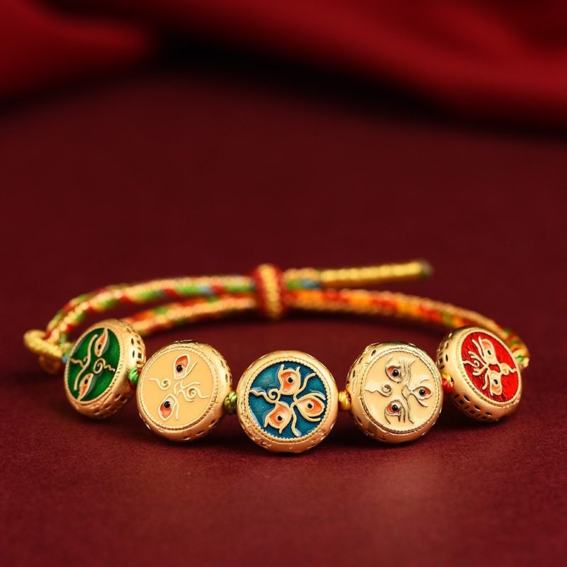Five-way God of Wealth Translated Pearl Zhakiram Xizang-style Thangka Hand-woven Rope Couple's Amulet Bracelet for the Year of the Dragon