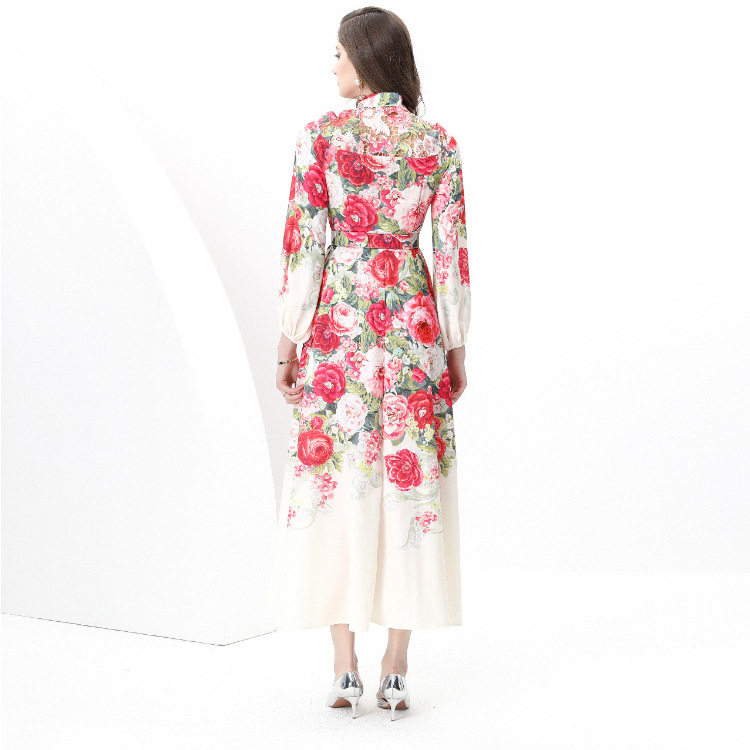 French Style Womens Vacation Dress Waist Defined Lantern Sleeves Floral Print Button Closure Flared Long Skirt
