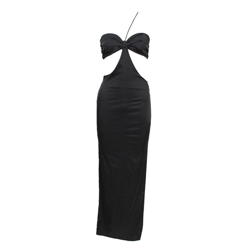 Chic Strapless Halter Neck Dress High Waist Hollow Out Satin Fabric Elegant Evening Gown for Women Wholesale