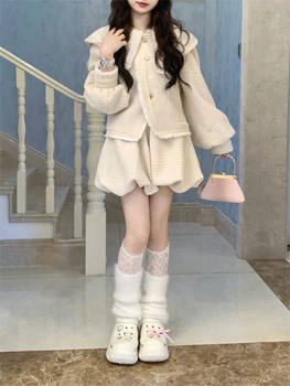 Sweet Style Petite Suit for Women, New Autumn College Style Navy Collar Shirt, Slimming Floral Puff Skirt Two-Piece Set