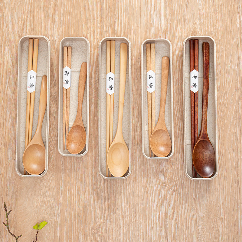 Beech Phoebe Portable Outdoor Travel Wooden Tableware Wholesale Japanese Chopsticks Wooden Spoon Storage Set for Primary School Students