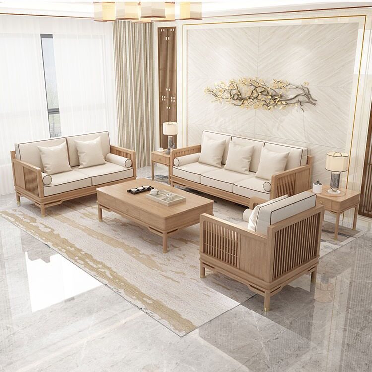 新中式全实木沙发组合白蜡木客厅小户型三人位木质布艺沙发家具