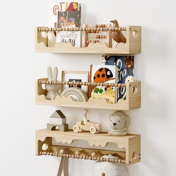 Children's Room Wall-Mounted Storage Rack with Towel Bar Display Rack Hanging Wall Bookshelf Wooden Doll Rack Wooden Storage