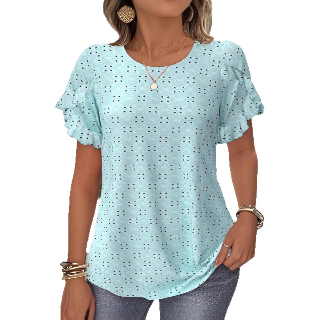 Womens Casual Summer Top Solid Color Lace Trim Short Sleeve Hollow Out Design Perfect for Everyday Wear