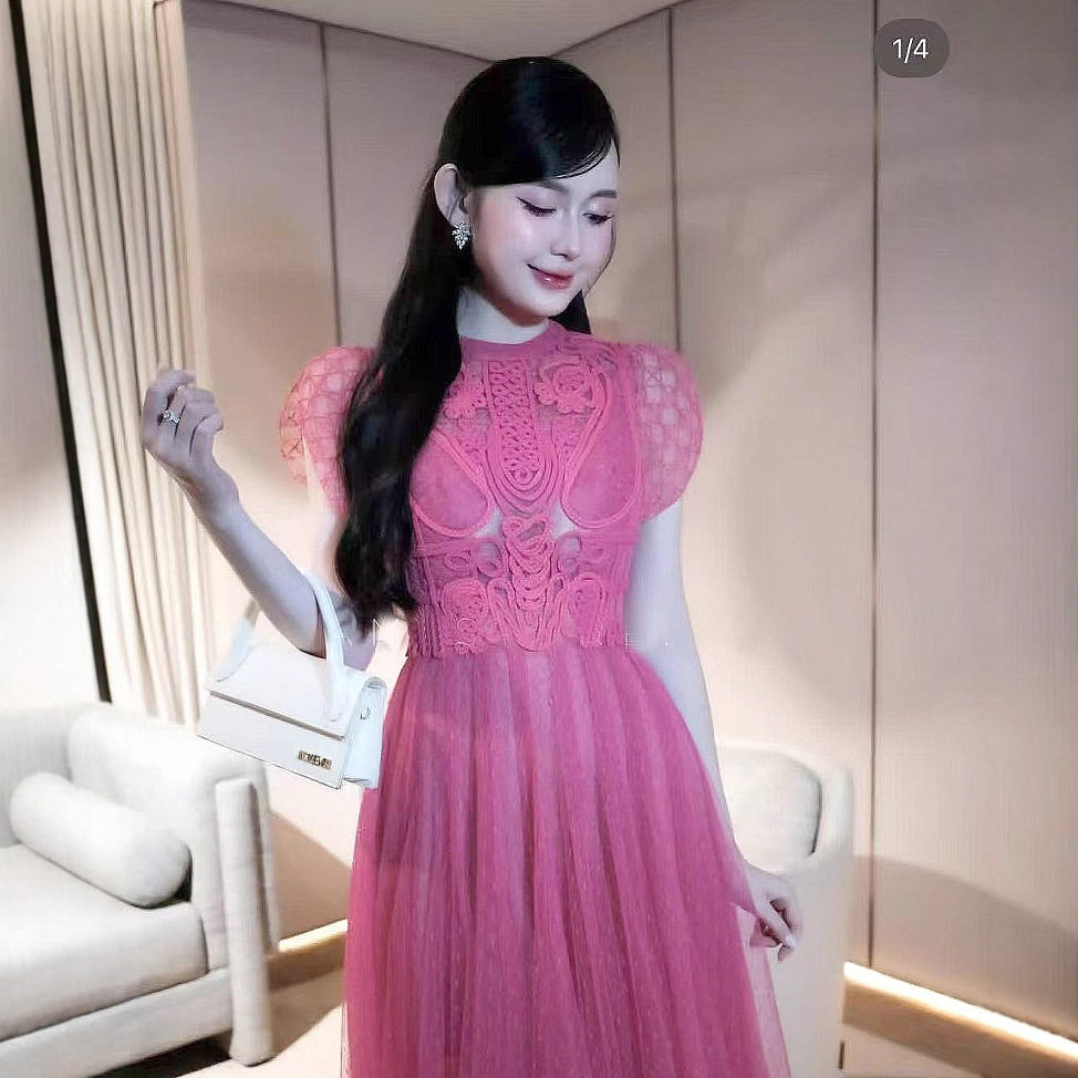 Đầm maxi ren thêu hoa cổ tròn tay ngắn eo cao phong cách Pháp — Hồng đỏ chi tiết 3
