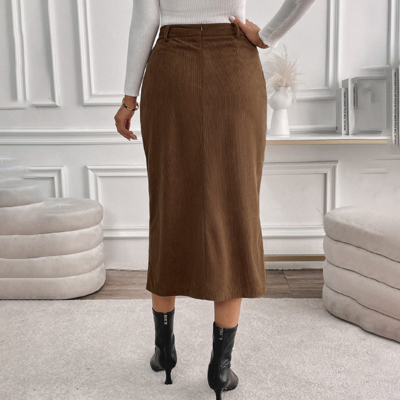 High Waisted Corduroy Midi Skirt Vintage Style Solid Color Split Design Autumn Winter Fashion Wholesale Available