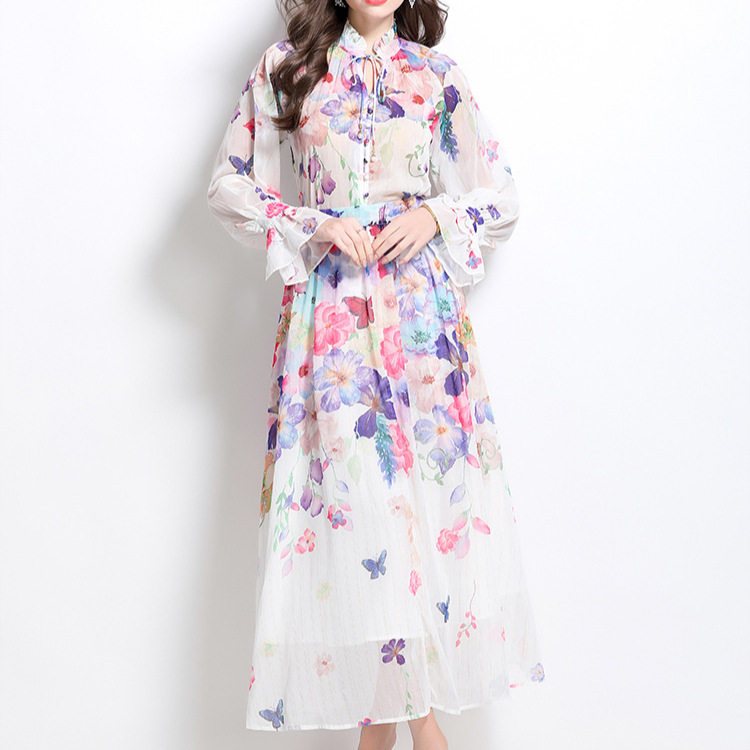 Chic Lantern Sleeve Printed Chiffon Top with Tie High Waist Flowing A Line Skirt Set Elegant for Parties and Events