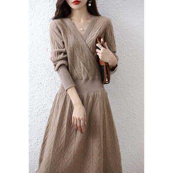 Cross Mid-length Wide Pine Nose Slimming V-neck Over-knee Autumn and Winter Women's Knitted dress Sweater Dress Base Skirt Wool