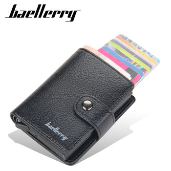 Card Bag Men's BAELLERRY European and American Litchi Pattern RFID Automatic Elastic Card Type Buckle Wallet Metal Aluminum Box Card Cover