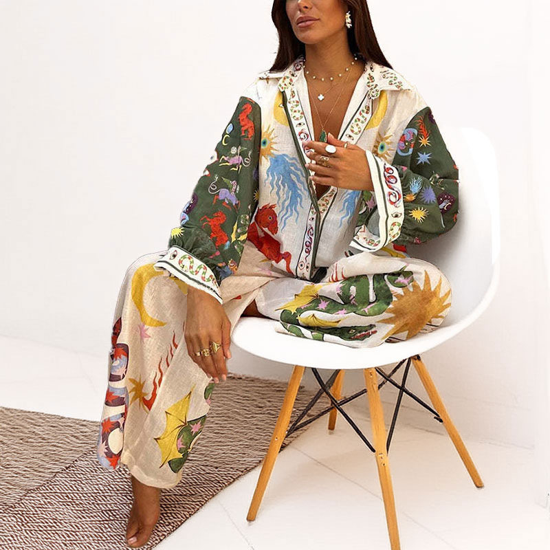 Womens Spring Fashion Set Casual Printed Long Sleeve Shirt and Loose Pants Stylish and Comfortable Wholesale Available