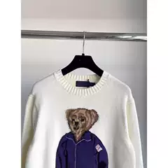 Heavy Embroidery Autumn and Winter Rl Casual Bear Design Handmade Jacquard Pure Cotton Crew Neck Knit Sweater for Women New Style Crew Neck