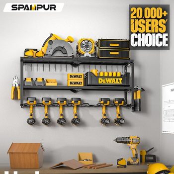 SDY Power Tool Holder and Storage Shelf for Garage Organization, Heavy Duty Metal Tool Rack with Battery Shelf