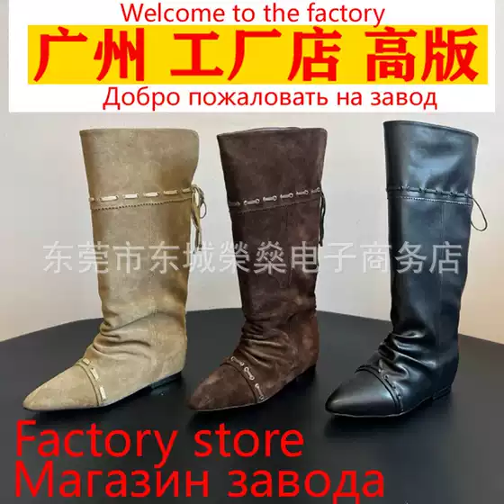 Genuine Leather Pointed Toe Long Knight Boots for Women 2025 Early Autumn New Wide Tube Retro Flats Bottom Foldableing Pleated Boots