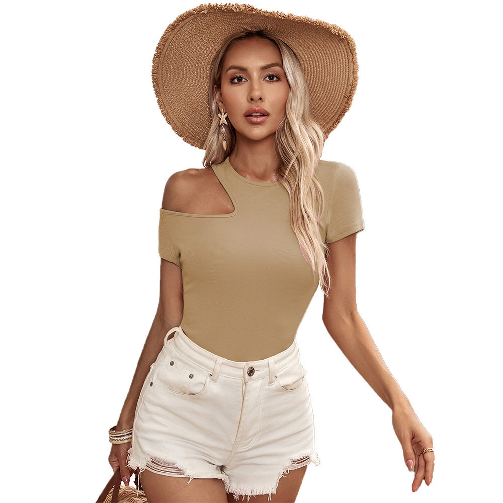 Knitted Slim Fit T Shirt Sexy Hollow Shoulder Design Trendy Casual Wear for Women Wholesale Available