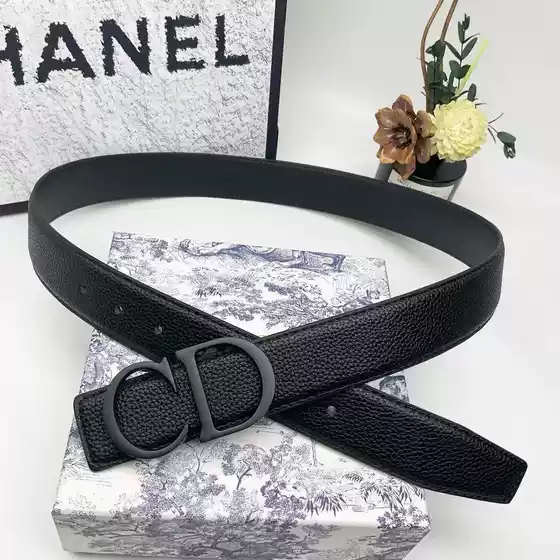 Men's Genuine Leather Letter Buckle Belt Black Leather Belt Double-Sided Cd Belt Classy First-Layer Cowhide Elegant Couple Pants Belt