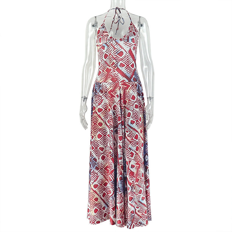Womens A Line Dress Color Block Floral Print Halter Neck Backless Slim Fit for Casual Outings Wholesale Available