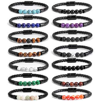 New Export European and American Fashion Men's Stone Beaded Bracelet Leather Rope Bracelet Magnetic Buckle Factory Direct Sales Magnetic Attraction