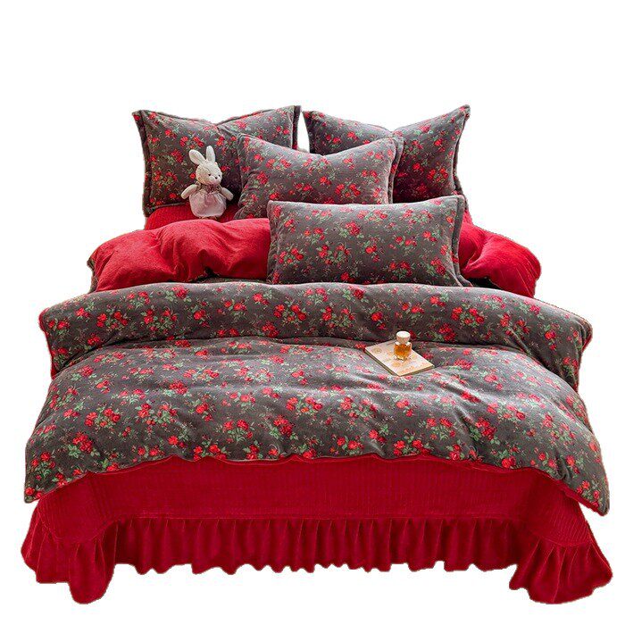 New Milk Velvet Thickeneded Bed Cover Four-Piece Set Winter Coral Velvet Small Floral Quilt Cover Fleece-Lined Bed Bed Sheets Three-Piece Set