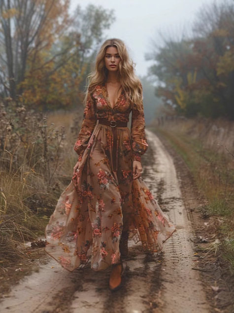 Long Sleeve Digital Printing V-neck Long Skirt Dress