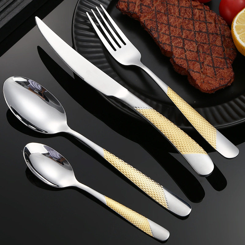 Cross-border Stainless Steel Tableware Embossed Gold Plated Star Diamond Knife and Fork Spoon suit Hotel Western Steak Knife and Fork Household Spoon