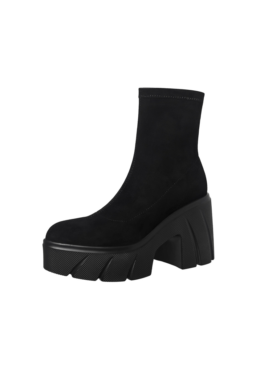 Boot nữ cổ thấp gót thô đế dày tăng chiều cao, chất liệu nhung mềm — Lớp lót đơn màu đen, Lớp lót đơn màu nâu, Lót nhung đen, Lót nhung màu nâu