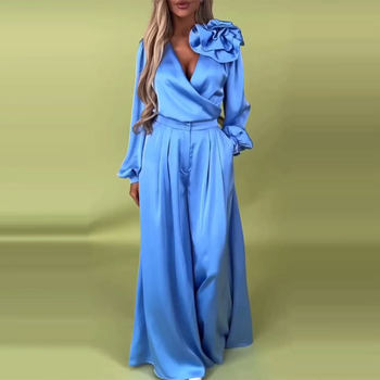 2025 Spring Amazon Independent Station Foreign Trade Women's Luxury Elegant V-neck Satin Long Sleeve Top Wide Leg Pants suit