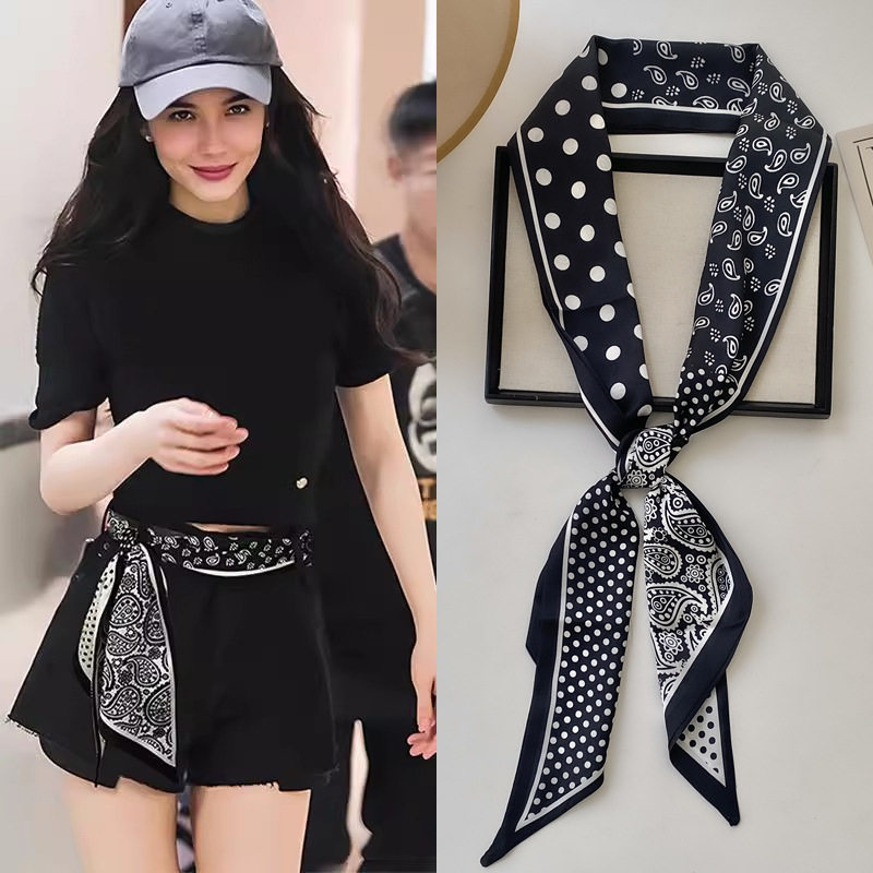 白黒両面水玉カシューフラワーシルクスカーフ-148cm