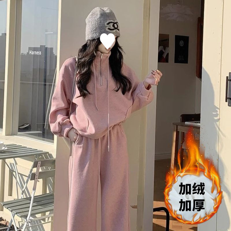 Casual Sports Suit Women's Sweatshirt Fleece-Lined Winter Fashion Slim Hong Kong Style Lazy Style Wide-Leg Pants Two-Piece Set