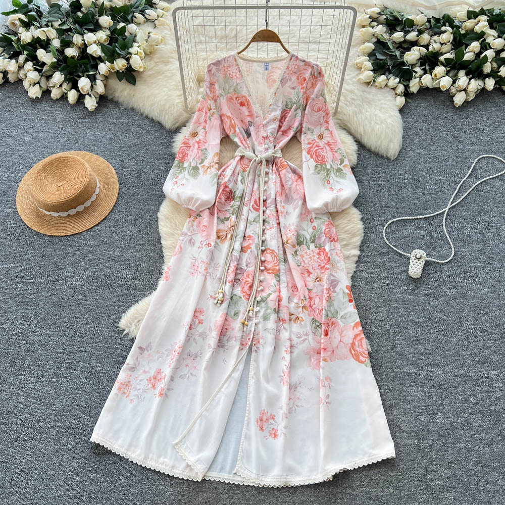 French Vintage Style Maxi Dress for Women Autumn Floral Print V Neck Tie Waist Button Closure Elegant Evening Wear