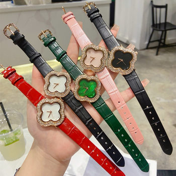 New Shell Surface Full Diamond Four-Leaf Clover Dial Fashion Ladies Belt Three-Pin Quartz Watch Belt Watch Wholesale