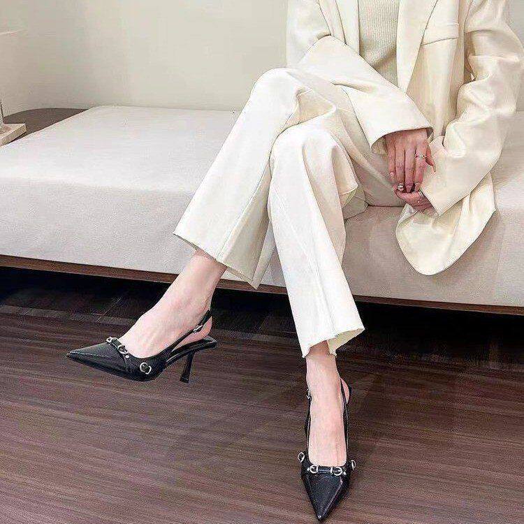 Tweed Style Black Patent Leather Pointed Toe Special-Shaped High-Heeled Shoes 2024 Spring New Supermodel Same Fashion Sandals