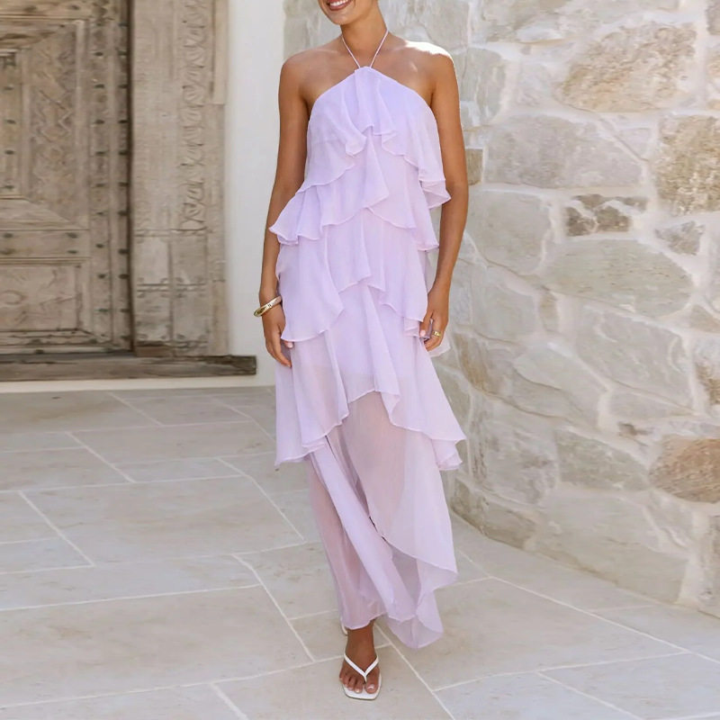 Elegant Summer Maxi Dress for Women Halter Neck Ruffle Hem Solid Color Vacation Style Wholesale Available