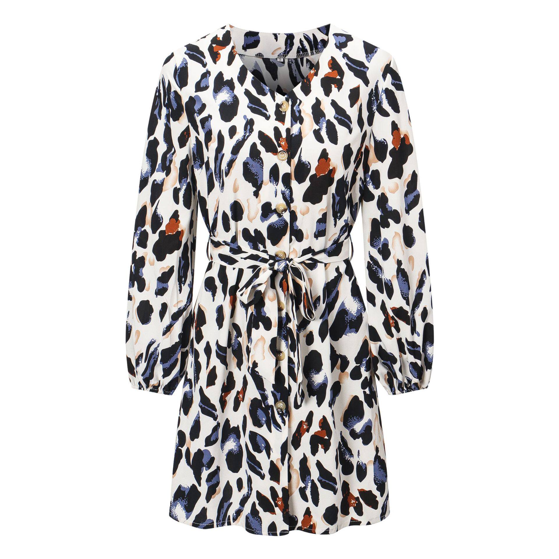 Fashionable Long Sleeve V Neck Printed Flare Sleeve Casual Dress Womens European and American Style Perfect for Daily