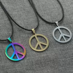 Men's Stainless Steel Necklace Color Anti-War Peace Pendant Leather Rope Titanium Steel Product Girl Fashion All-Match Accessories