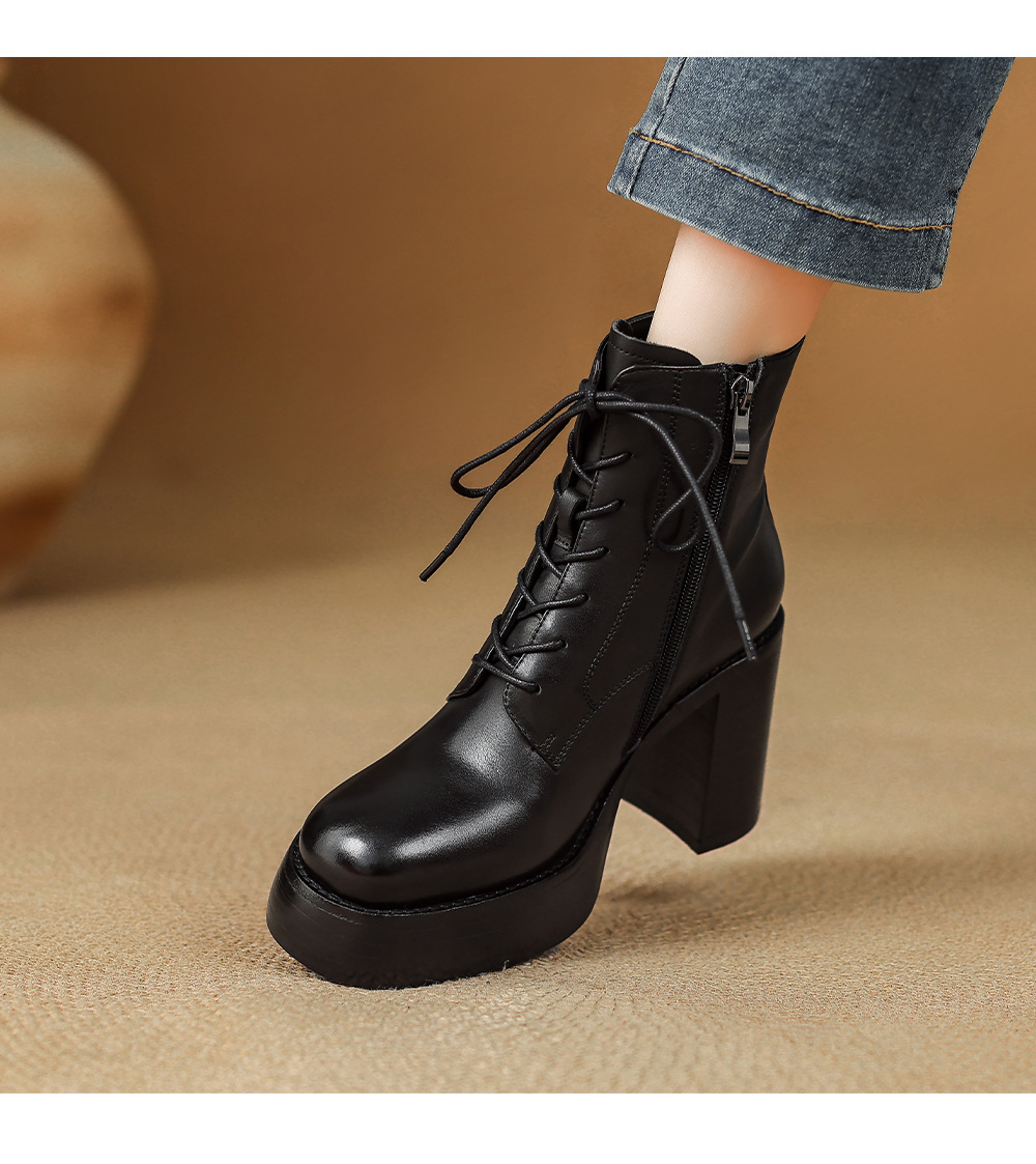 Boot Martin nữ đế dày gót thô buộc dây tăng chiều cao mũi tròn da bò thật — Lớp lót đơn màu nâu, Lớp lót nhung màu nâu, Màu đen một lớp, nhung đen