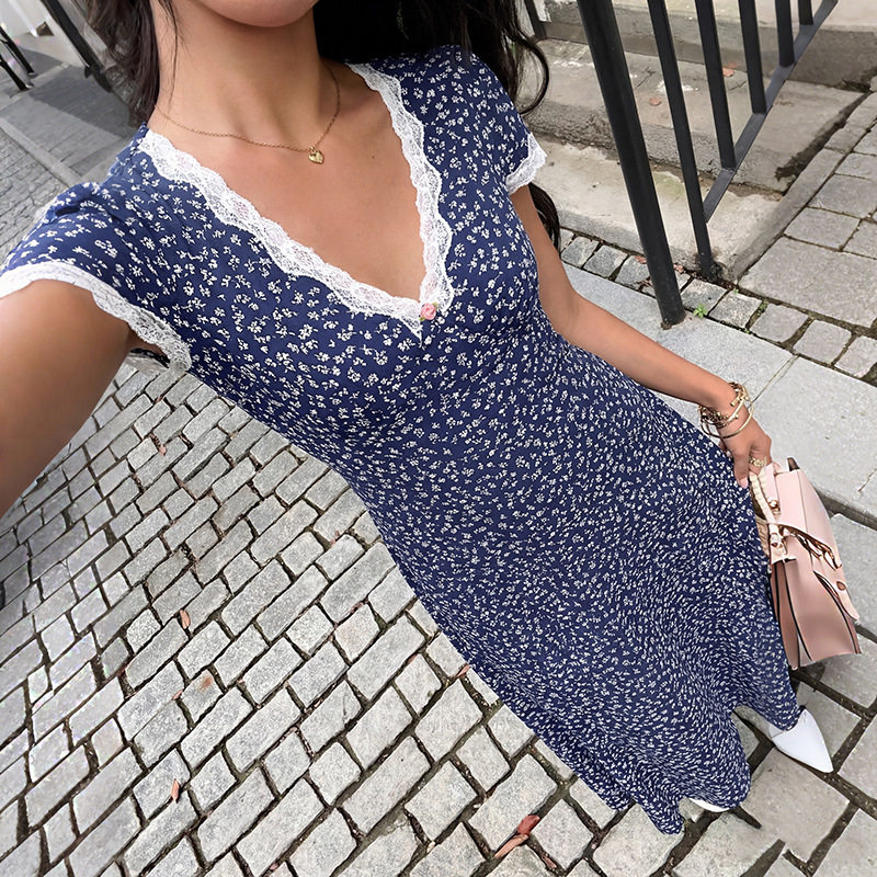 Floral Print Lace Trimmed V Neck Short Sleeve Dress Sweet Vacation Style Ideal for Summer Events Wholesale Available
