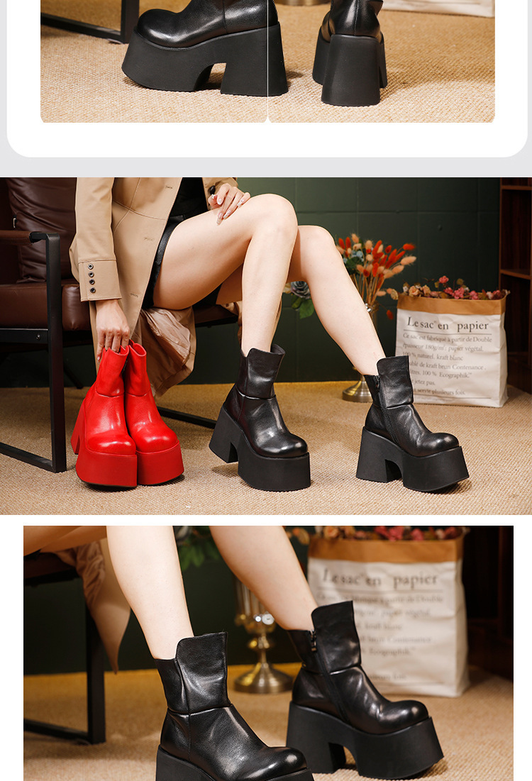 Boot nữ cổ thấp da bò thật đế dày tăng chiều cao, mũi tròn phối khóa kéo bên hông — màu đen, màu đỏ