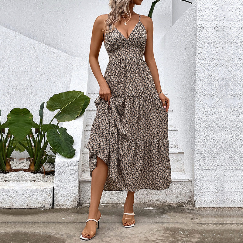 Summer Beach Vacation Dress Stylish Geometric Print Sleeveless Lightweight Fabric Perfect for Resort Wear Wholesale