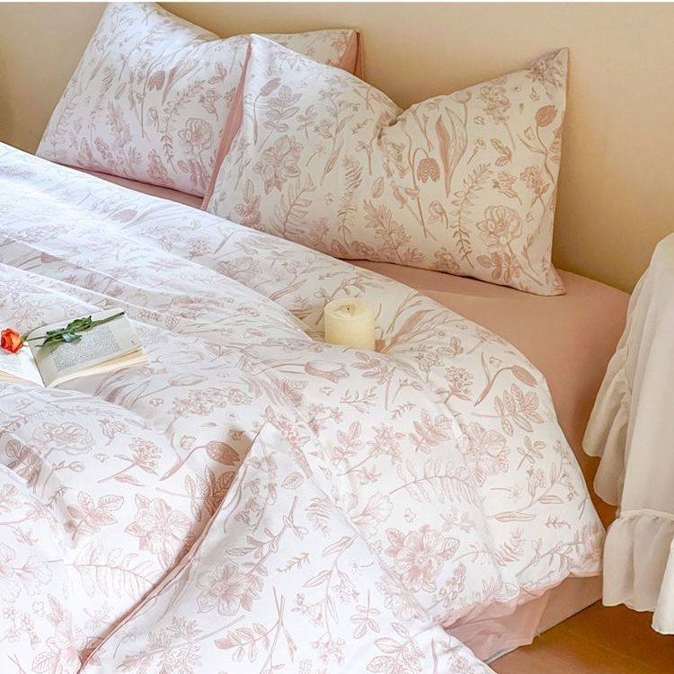 French-Style Bedding Four-Piece Set, Simple Home Bed Sheetss, Washed Cotton and Linen Summer 3-Piece Quilt Cover, Fitted Bed Sheets Set