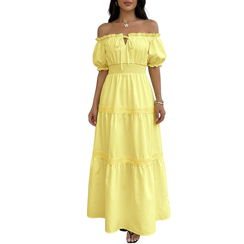 Off Shoulder Puff Sleeve Cake Dress Solid Color Fresh Vacation Style Perfect for Summer Events Wholesale Available