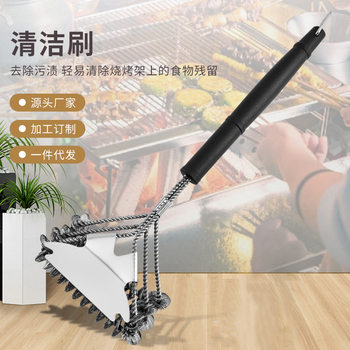 Factory direct three-head long handle BBQ multi-function spring cleaning brush with shovel stainless steel barbecue stove brush