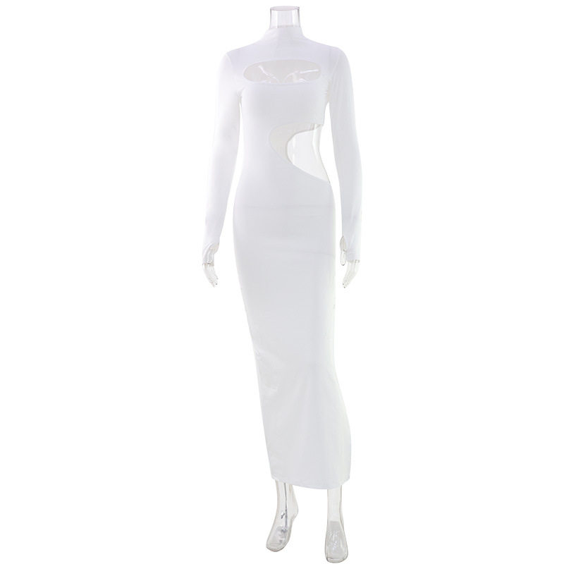 Elegant High Neck Long Sleeve Bodycon Dress Hollow Out Design Solid Color Slim Fit Perfect for Evening Events