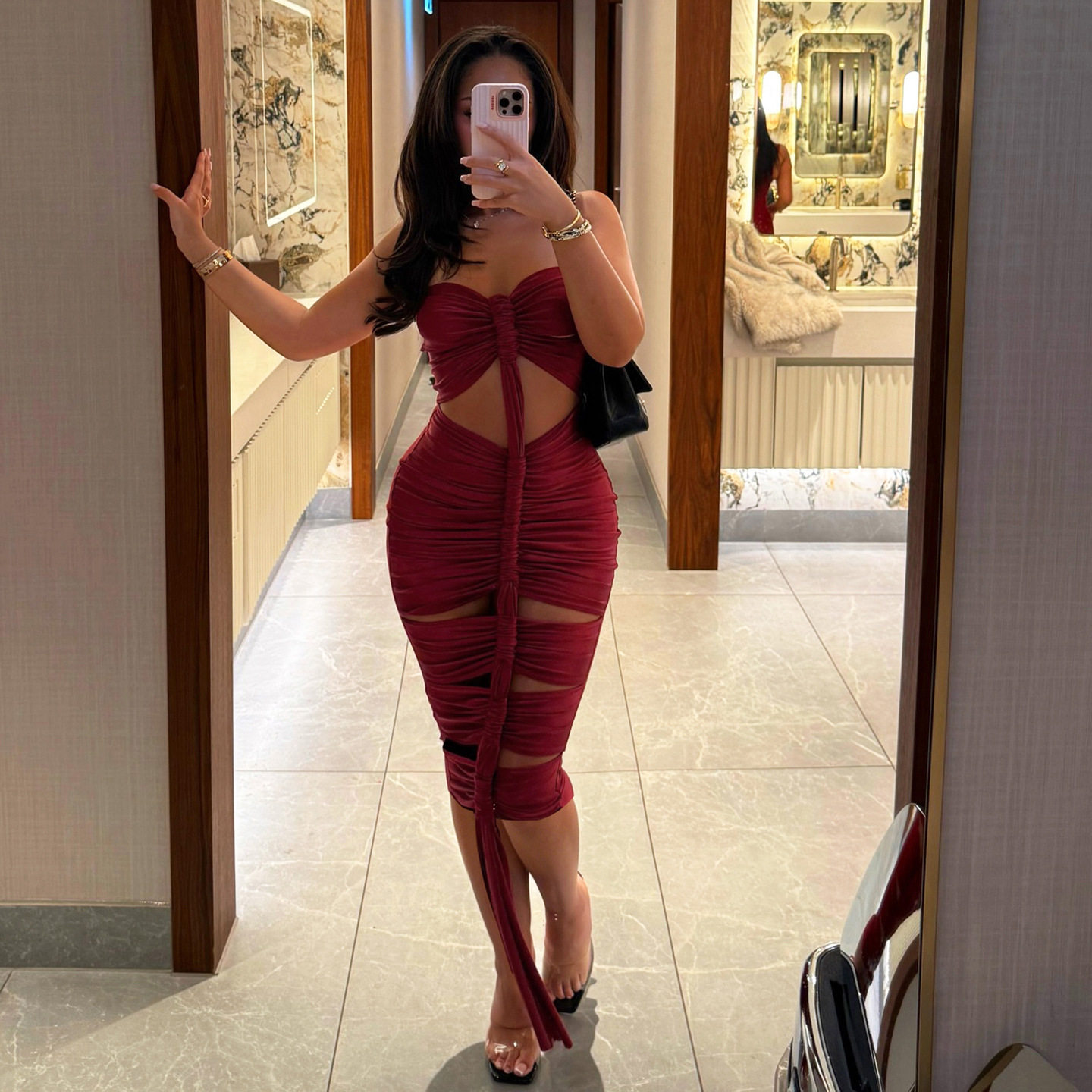 Summer Womens Dress Solid Color Ruffled Sexy Hollow Back Strapless Bodycon Style Perfect for Parties or Events