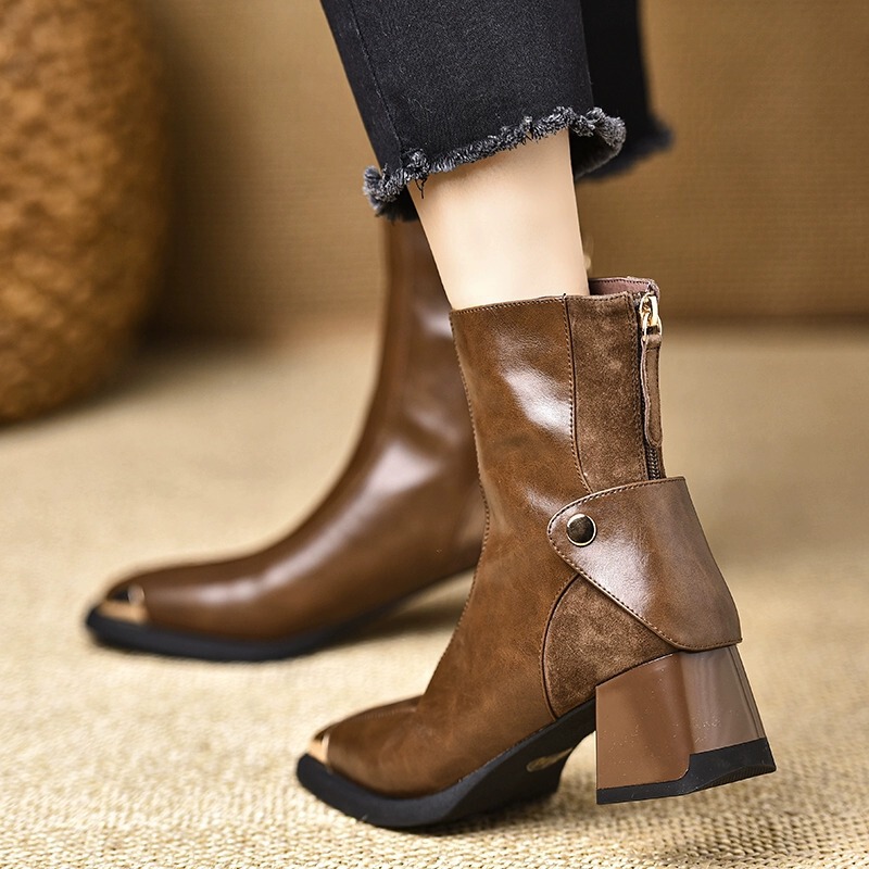 Boot nữ cổ thấp mũi vuông gót thô khóa kéo sau — Màu đen, Màu nâu