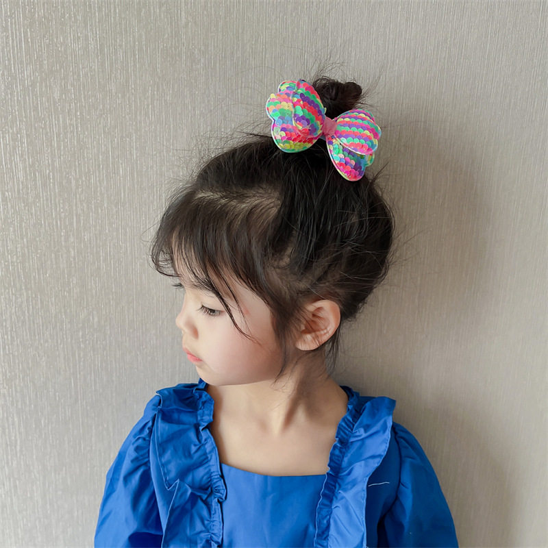 Children's Hairpin Korean-style Double-layer Bow Sequin Girl's Performance Side Clip Girl's Meatball Head Cute Sweet Hairpin