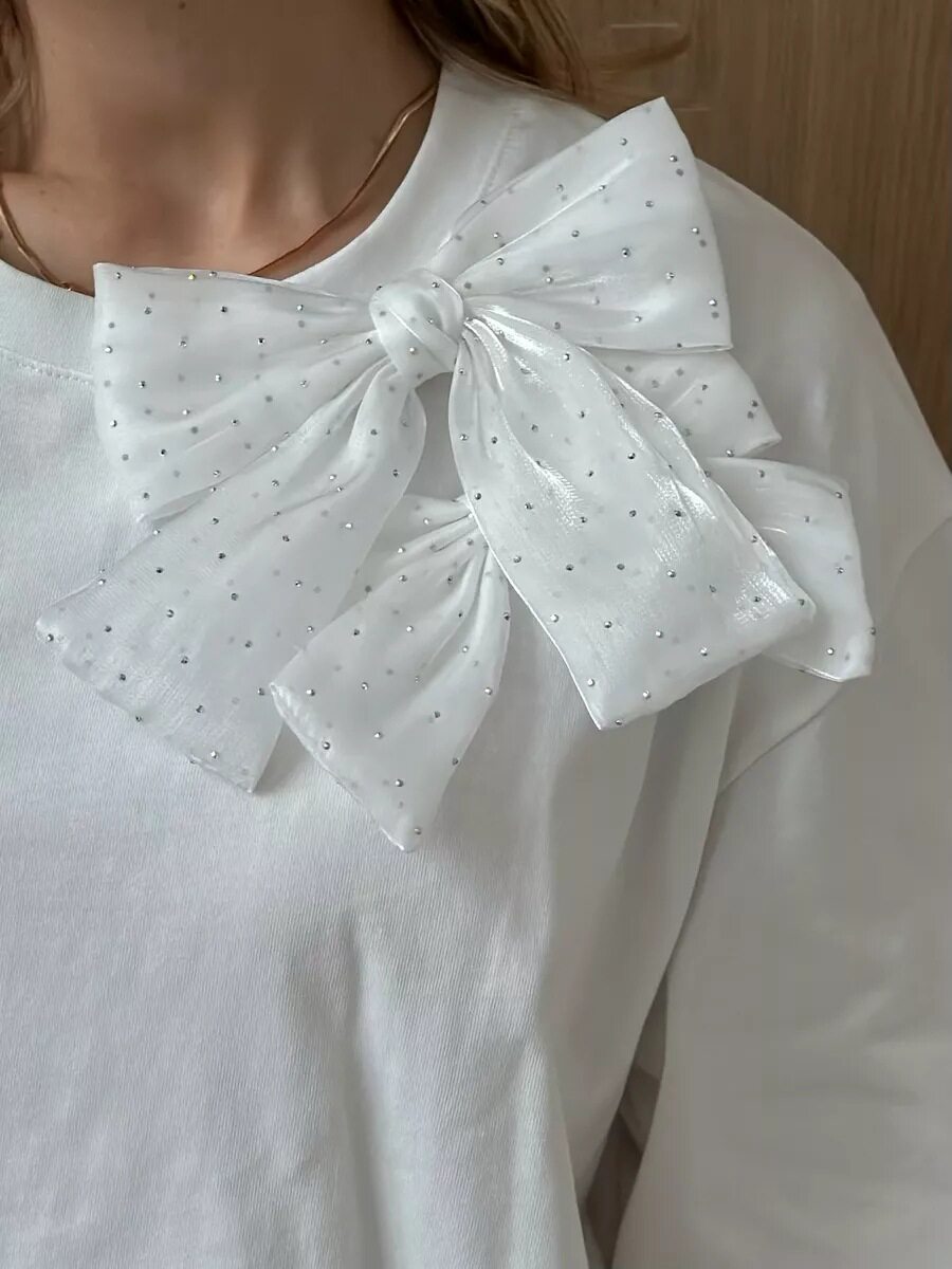 Loose Fit Womens T Shirt 3D Rhinestone Bow Cotton Fabric Short Sleeve Casual Wear for Spring Summer Wholesale