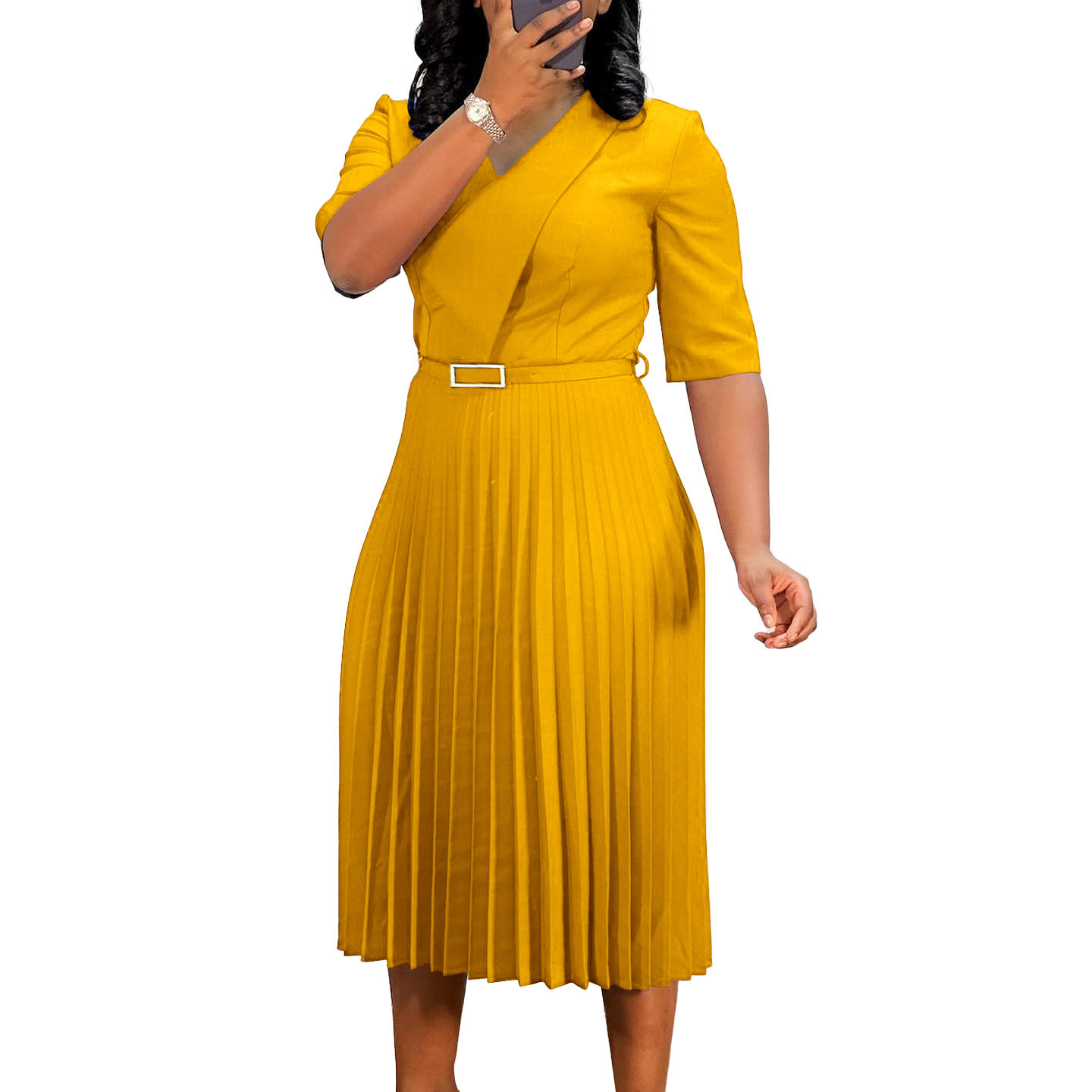 V Neck Pleated Dress Solid Color Fashionable Elegant Perfect for African Occasions Wholesale Available