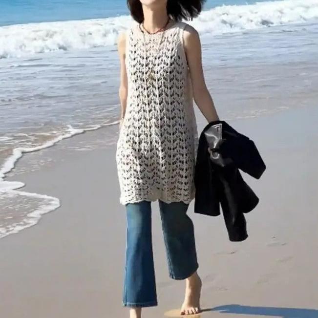 Lace Knit French Dress Sleeveless Mid Length Floral Crochet Stylish and Versatile for Casual Occasions Wholesale
