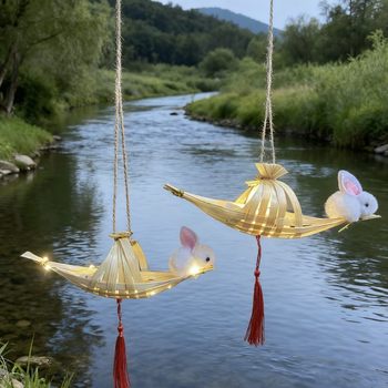 Bamboo Moon Boat Rabbit Lantern Mid-Autumn Festival Chinese Style Lantern Creative Ancient Style Lantern Portable Outdoor Holiday Pendant