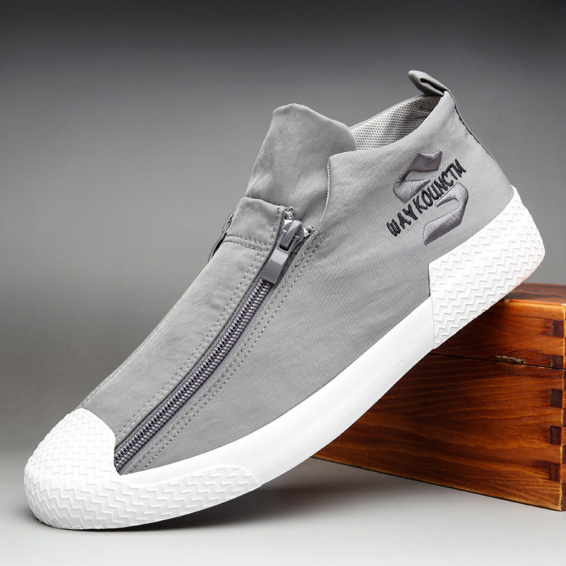 Giày Vải Canvas Nam Khóa Kéo Chiều Cao Đế Khoảng 3cm Màu Xám, Xanh Lá, Đen, Kem